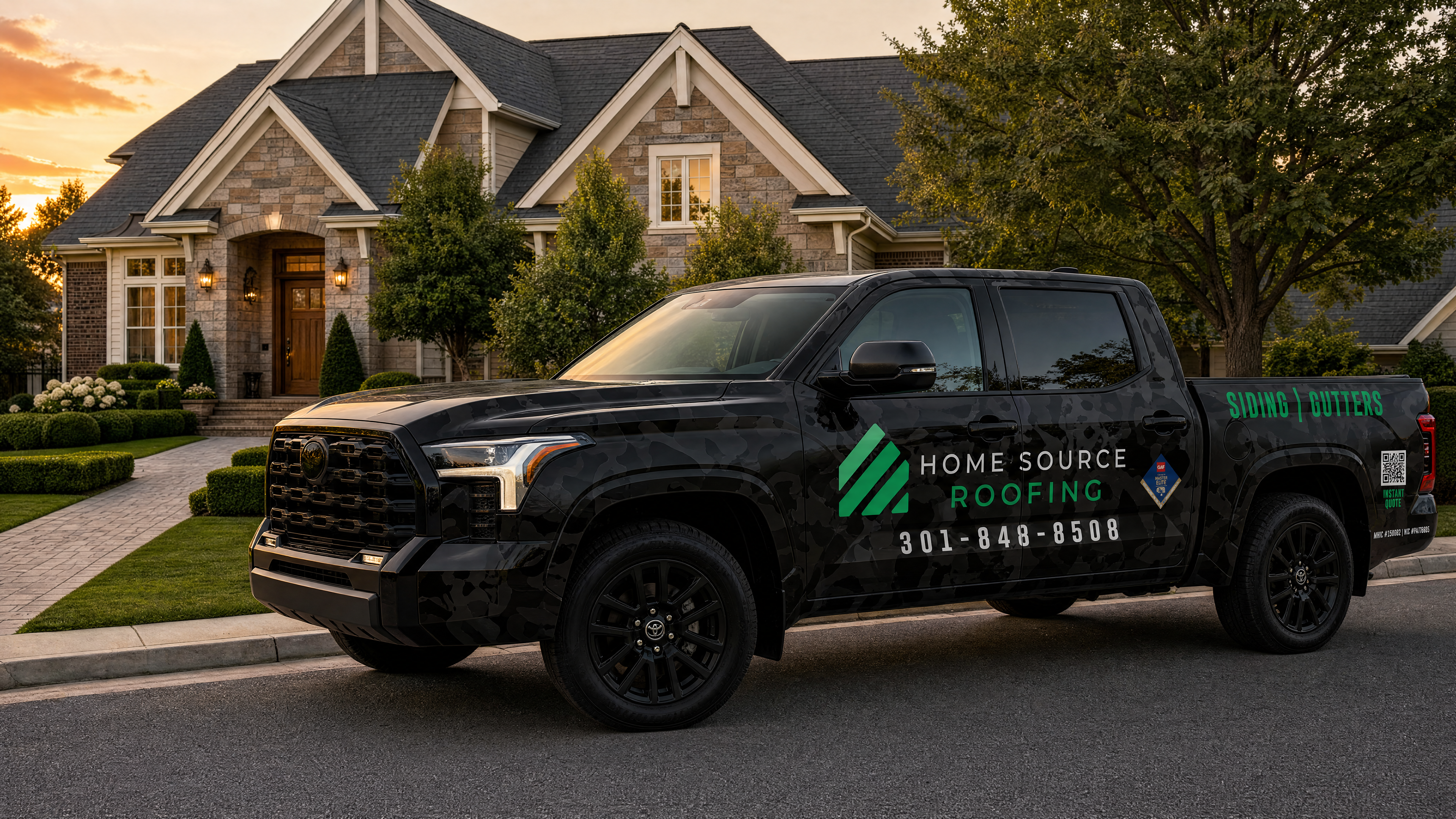 Home Source Roofing company truck on a residential job site