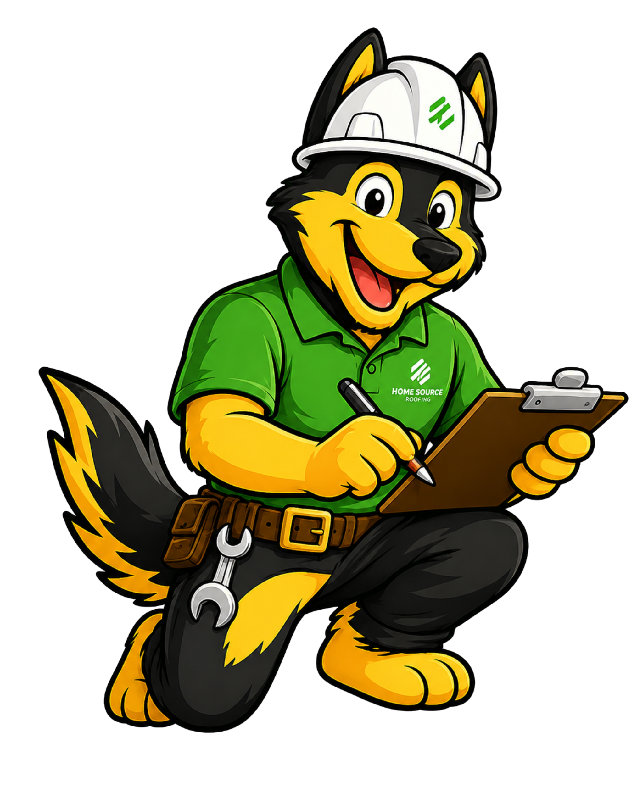 Home Source Roofing mascot inspecting a roof with clipboard