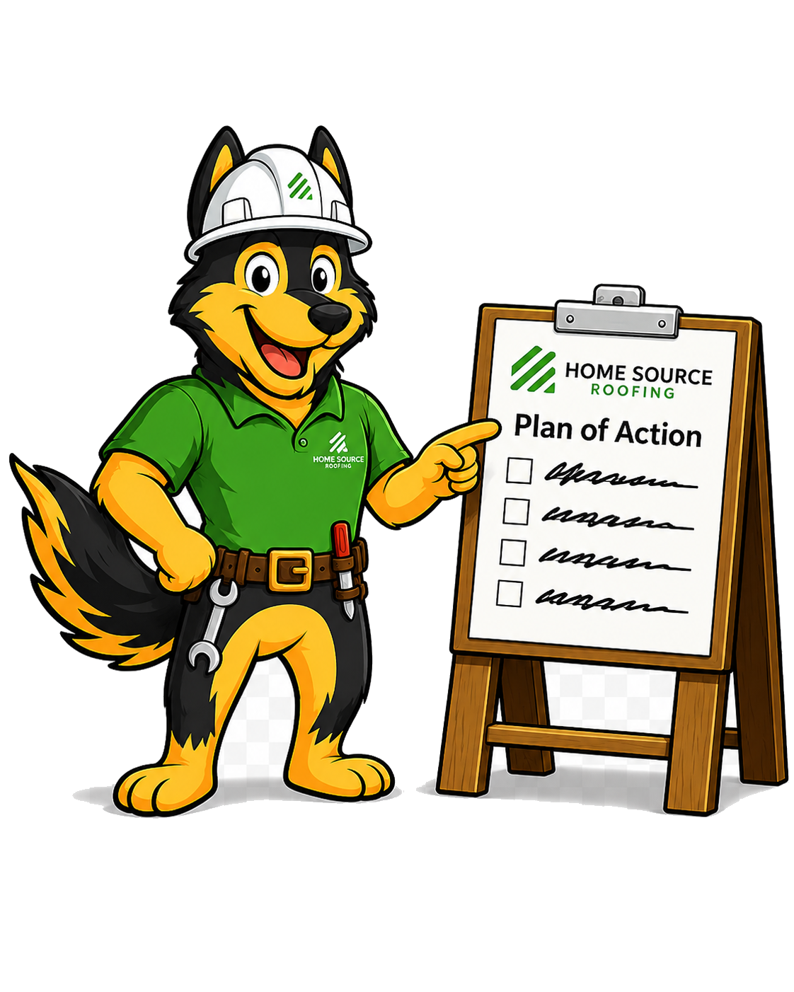 Home Source Roofing mascot presenting action plan for installation