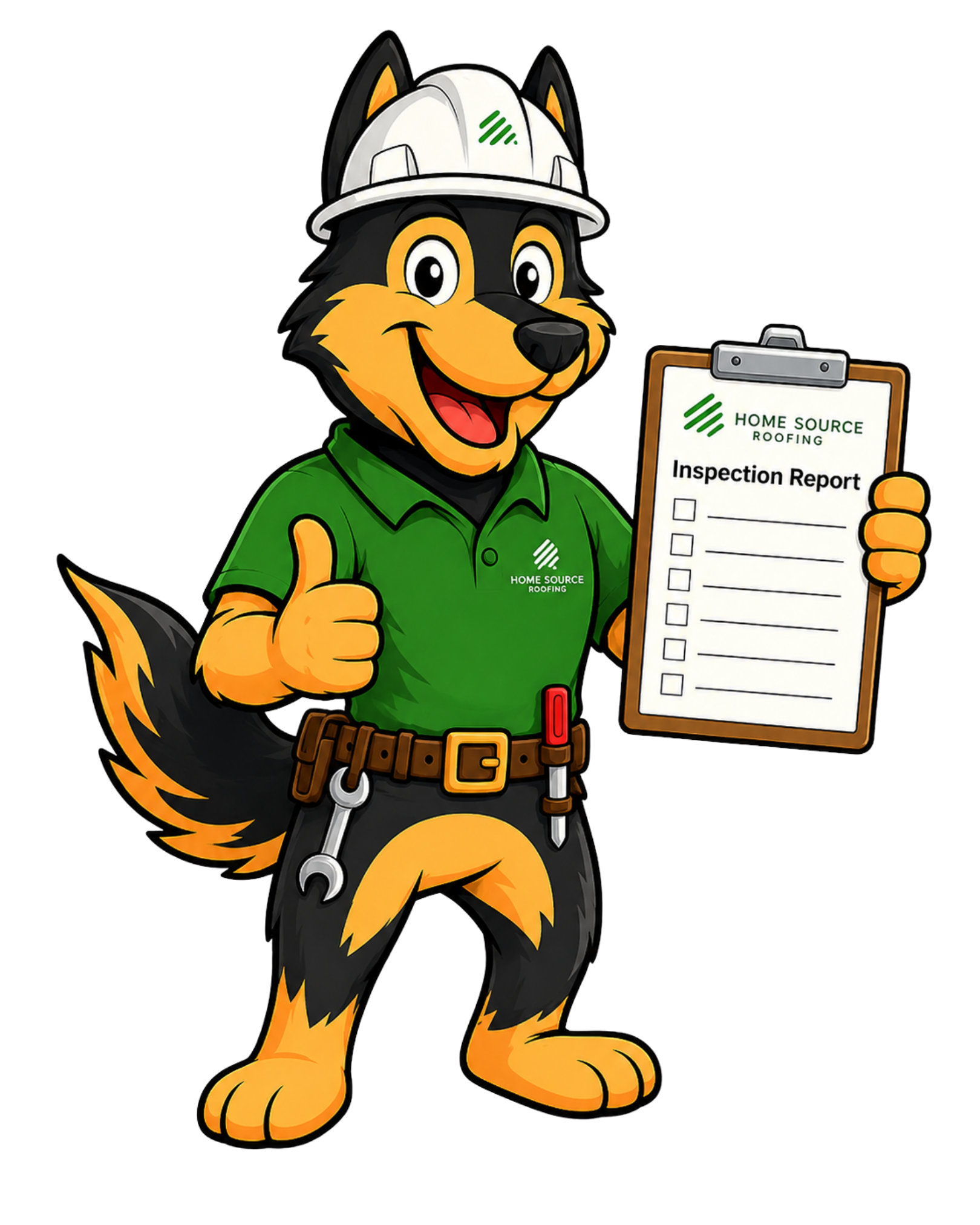 Home Source Roofing mascot reviewing the inspection report