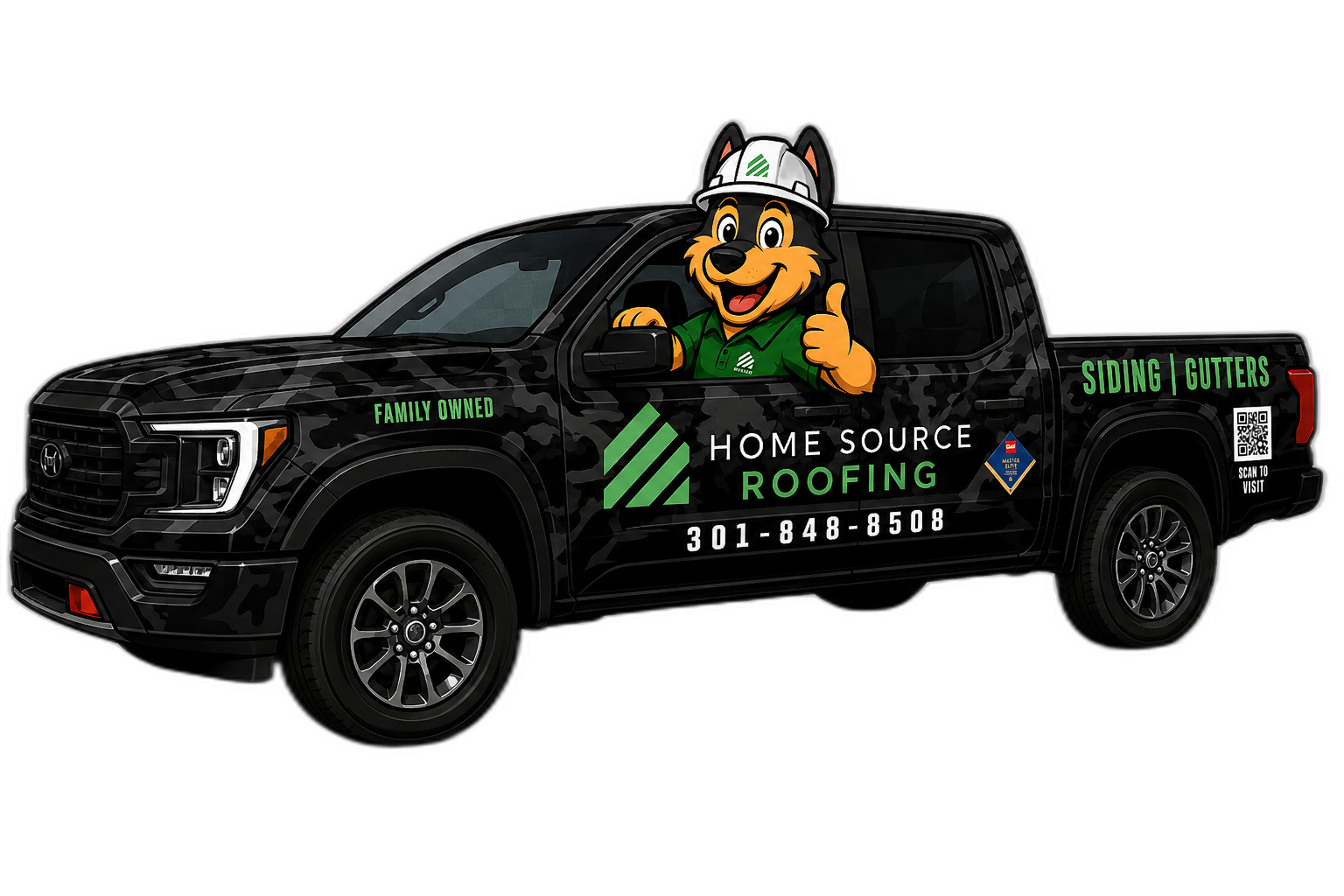 Home Source Roofing mascot giving thumbs up from branded truck