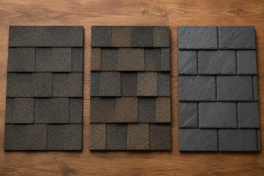 Architectural shingle samples in several colors and grades displayed on a board