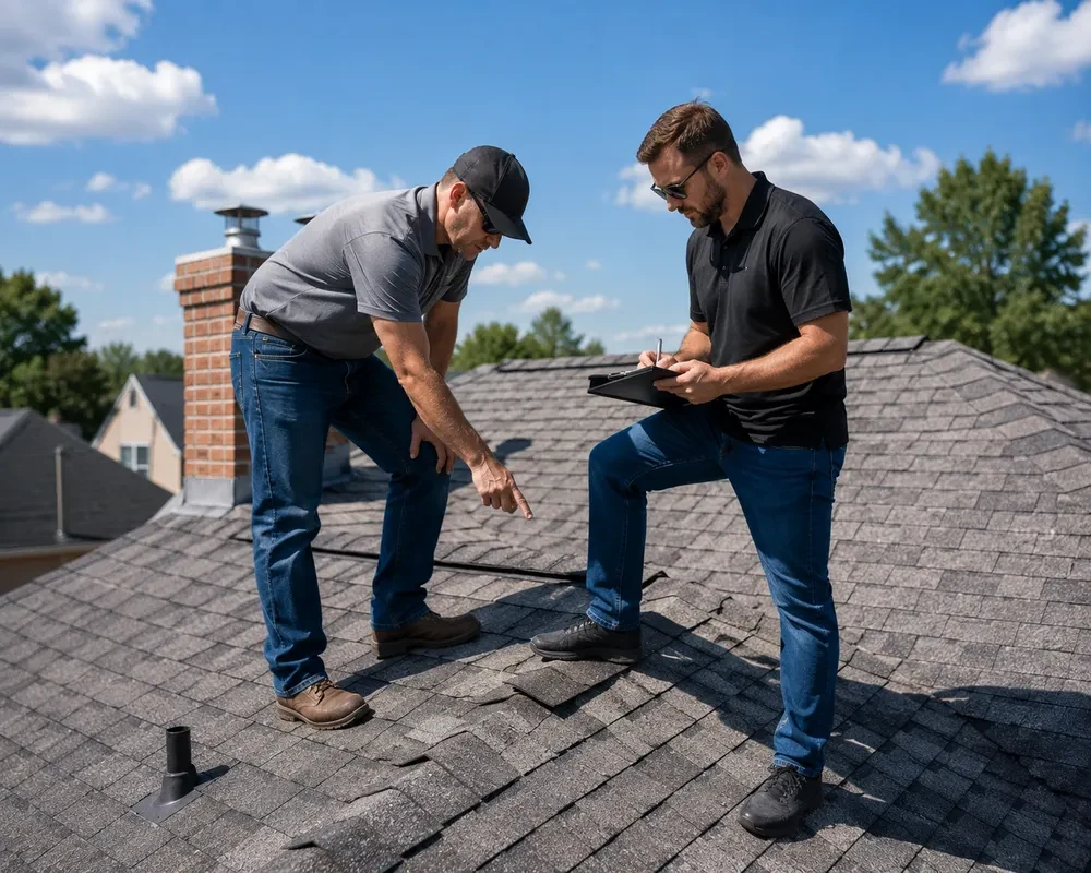 Roofing contractor and insurance adjuster inspecting a roof together
