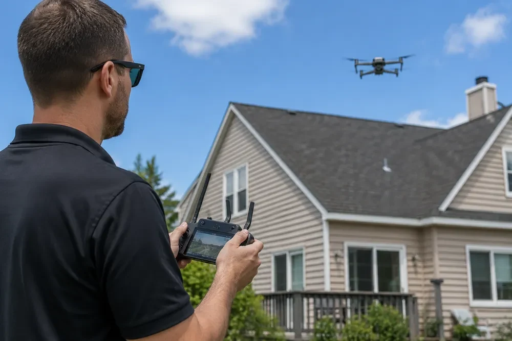 Inspector operating a drone for a free roof inspection
