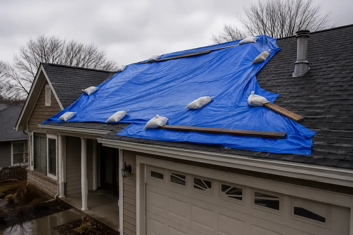 Blue emergency tarp secured over a storm-damaged roof section above a garage