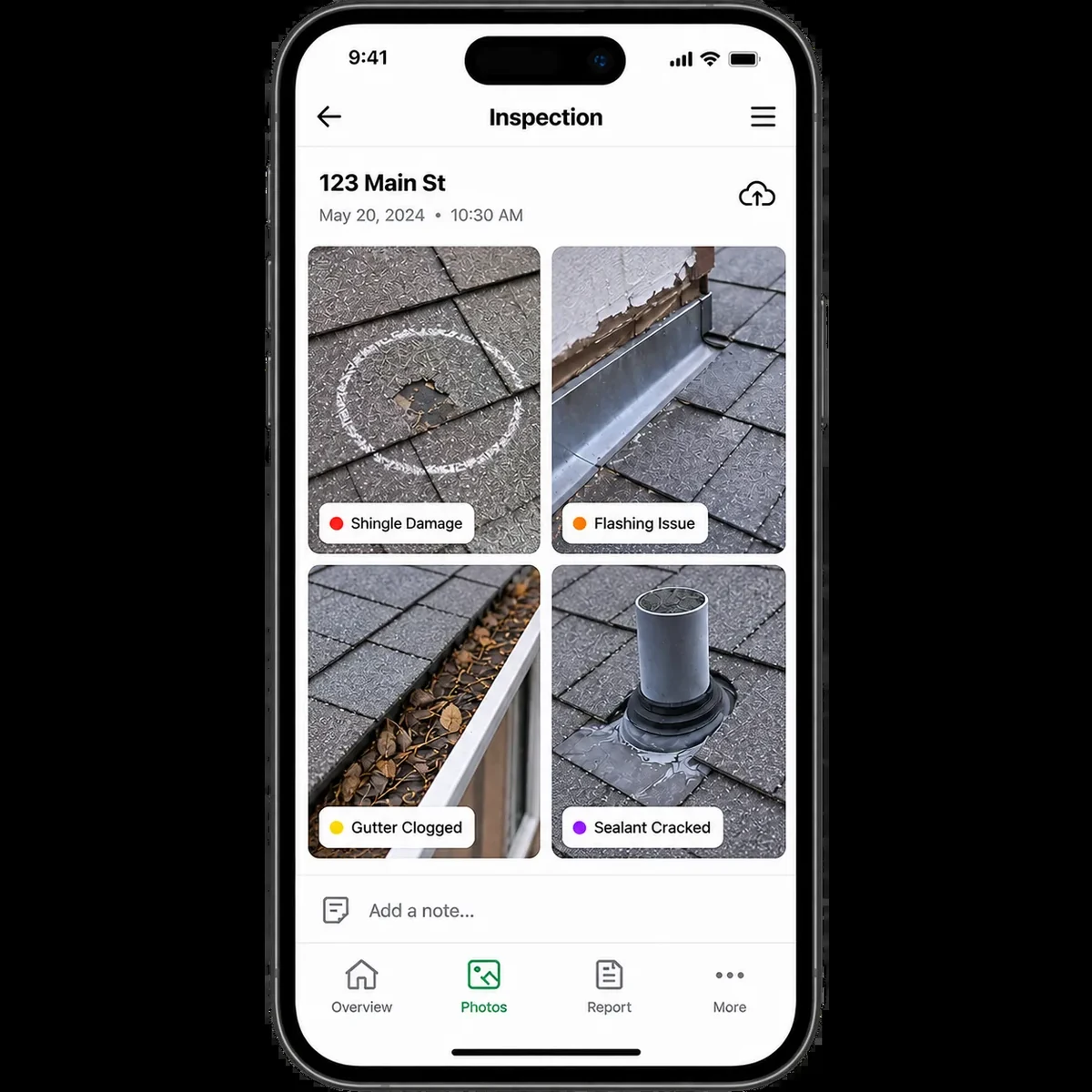 Roof inspection report open on a phone, showing four tagged findings including shingle damage and a flashing issue
