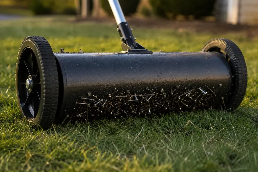 Magnetic sweeper collecting roofing nails from a lawn after a roof replacement