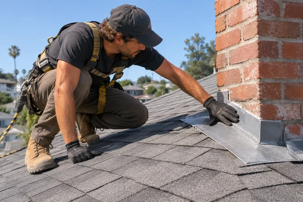 Roofer on a shingle roof examining metal flashing where the roof meets a brick chimney