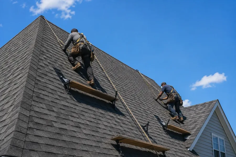 Two roofers working a steep-pitch roof using staging and safety harnesses