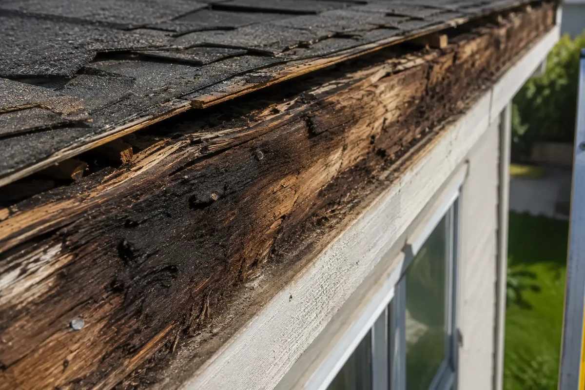 Rotted fascia board exposed behind a failed gutter along the roof edge