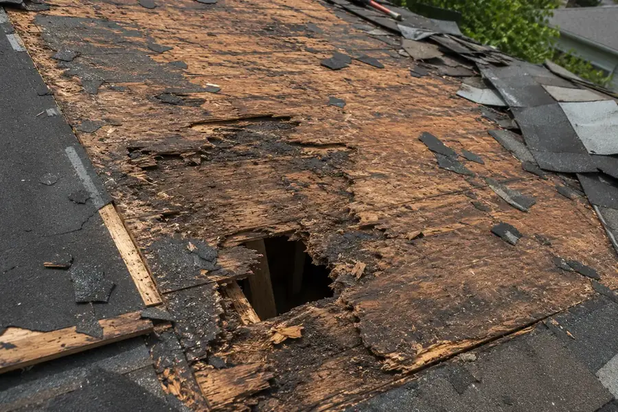 Rotted roof decking exposed after tear-off, with a hole through the damaged sheathing
