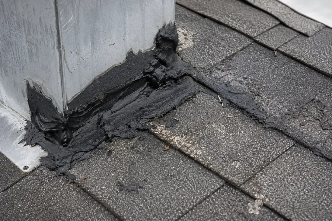 Thick roofing sealant smeared over shingles at a wall joint, a failed patch repair
