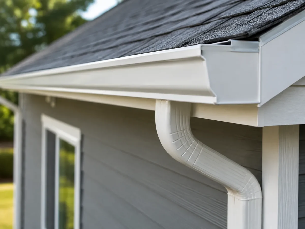 Seamless white aluminum gutter and downspout on a home exterior