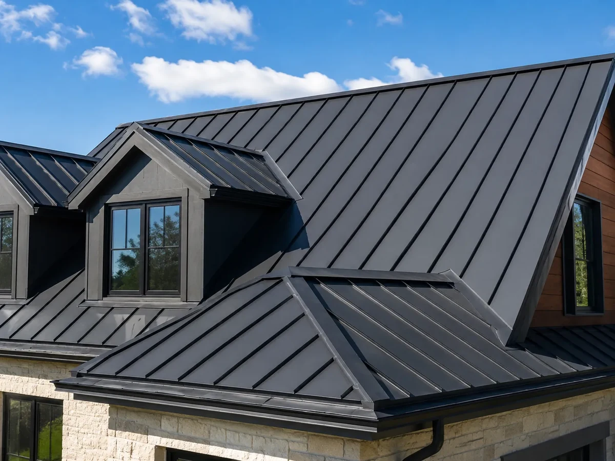 Dark standing seam metal roof on a residential home