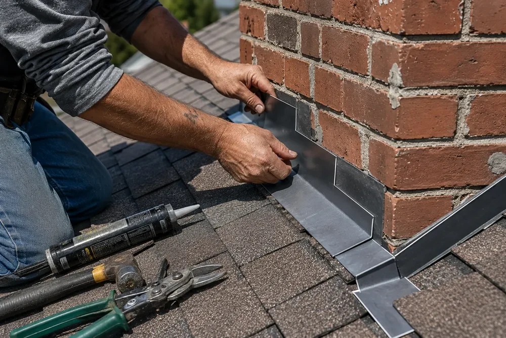 Roofer's hands fitting new step flashing against a brick chimney