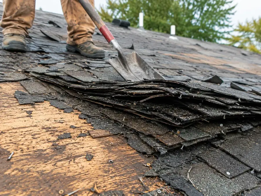 Roofer's shovel lifting several stacked layers of old shingles during a tear-off